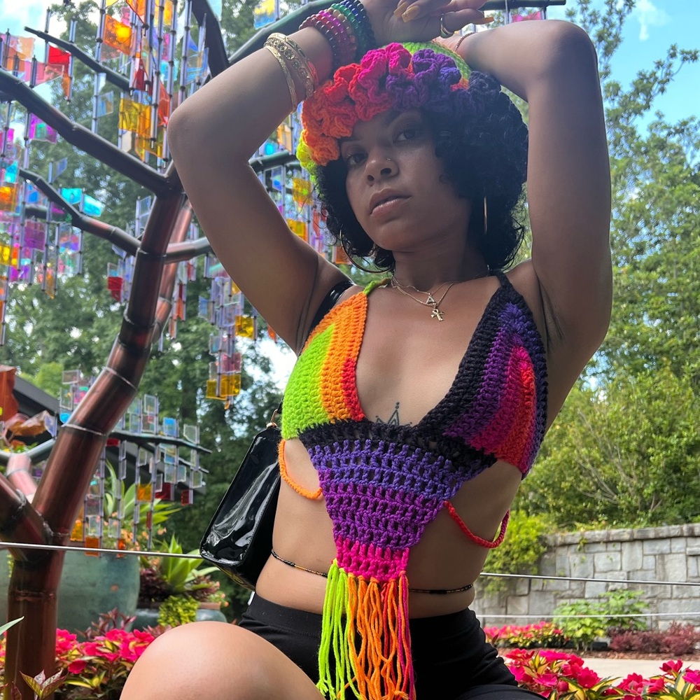 Vibrant Multicolor Crochet Halter Top & Ruffle Hat